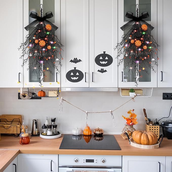 2 PCS Halloween Wreaths Halloween Floral Teardrop Swags Hanging Swag Plants Black Garland with Pumpkin Berries and 9.8ft Lights for Indoor Outdoor Party Wall Home Room Fireplace Porch Window Decor