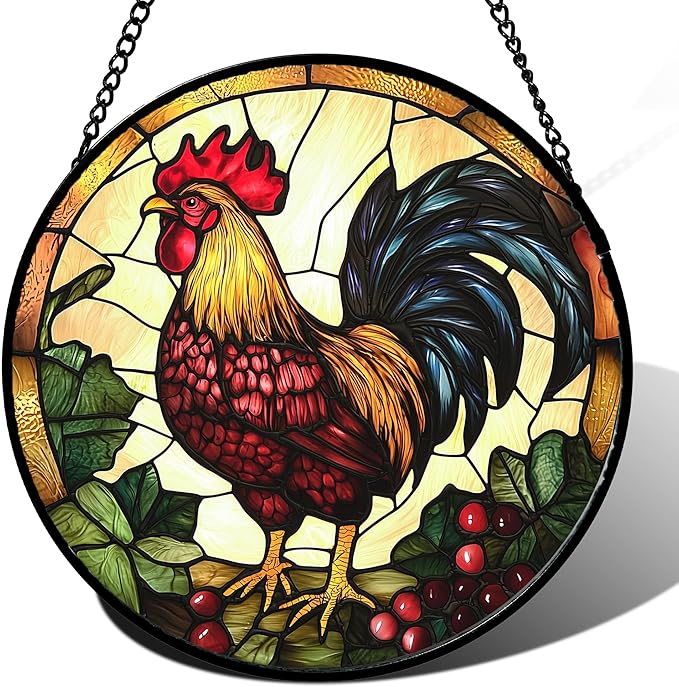 Stained Glass Window Hanging, Colorful Big Cock Sun Catcher for Window Door Home Decor, Chicken Suncatcher Christmas Mother's Day Birthday Gifts for Women Men Mom and Nana 7.8 in