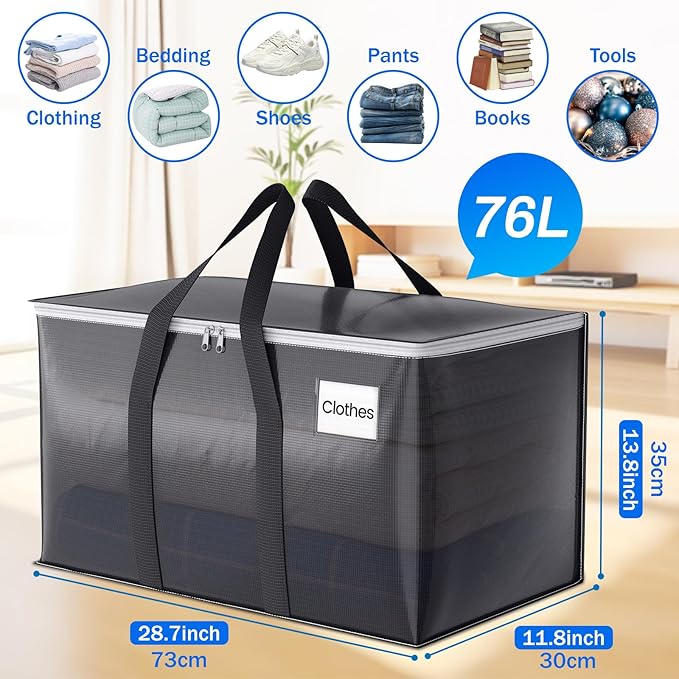 6 Pack Moving Bags Heavy Duty, Moving Boxes, Storage Bags with Zipper & Handles & Tag for College & Dorm Moving Supplies Grey Laundry Hamper Bag, Foldable Space-saving Totes (76L, Grey)
