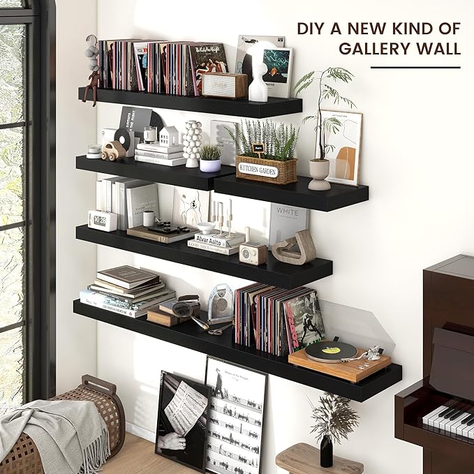 Venusmiles Floating Shelves for Wall, 55 Inch Wide x 12 Inch Deep Floating Shelves, Long Wood Floating Wall Shelf Shelves for Living Room Bathroom Bedroom Kitchen Home - (Black, 55" W x 12" D x 2" H)