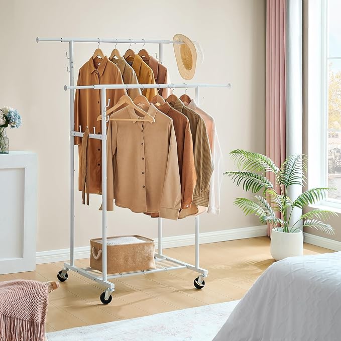 Double Rod Garment Rack, Heavy Duty Rolling Clothes Rack with Wheels For Hanging Clothes, Portable Metal Clothing Rack with Shelves,White, 64.2in Chrome