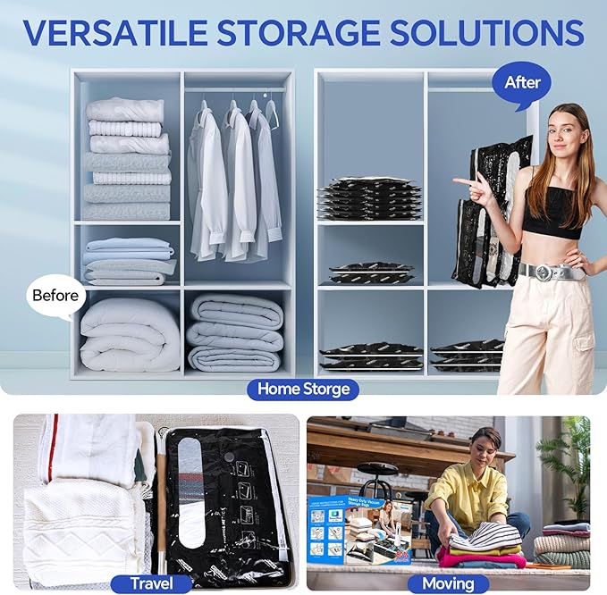 Extra Large Vacuum Storage Bags with Electric Pump, 6 Pack Vacuum Seal Bags for Clothing, Bedding, Pillow, Comforters, Blankets, Compression Bags Includes Portable Pump for Home Organization Storage