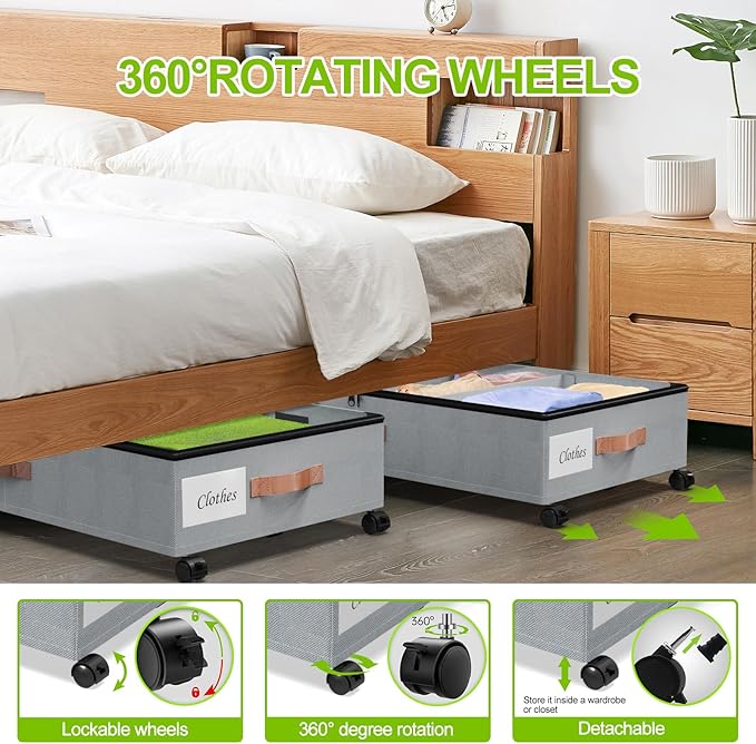Under Bed Storage with Wheels, 2-Pack Under Bed Storage Containers with Clear Lids, XXL 65L Under the bed storage Organizer Bins, Rolling Under Bed Metal Drawer for Clothes,Shoes,Toys (gray)