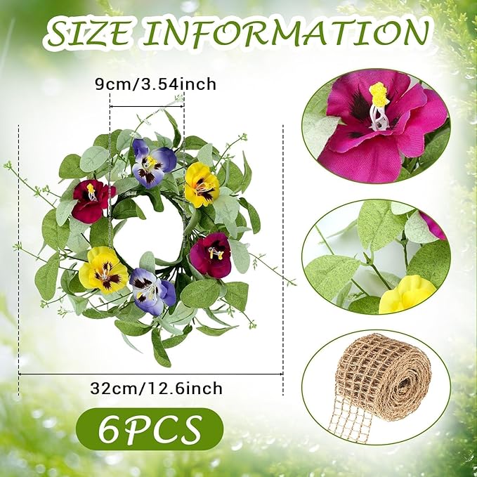 6 PCS Summer Floral Wreaths for Kitchen Cabinet Artificial Pansy Flowers Wreaths with Fern Branches Flocked Lamb Ear Leaves Mini Wreath Spring Floral Small Wreath for Table Centerpiece Farmhouse Decor