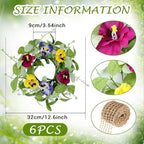 6 PCS Summer Floral Wreaths for Kitchen Cabinet Artificial Pansy Flowers Wreaths with Fern Branches Flocked Lamb Ear Leaves Mini Wreath Spring Floral Small Wreath for Table Centerpiece Farmhouse Decor