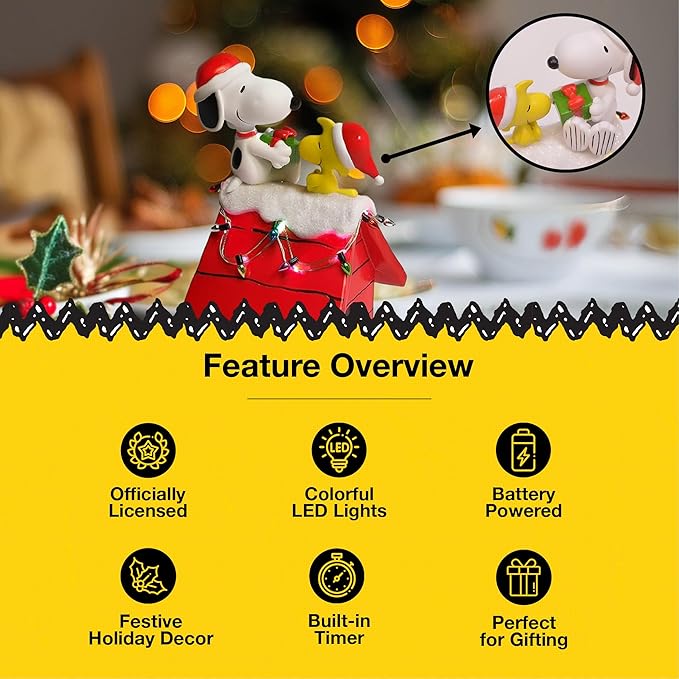 Mark Feldstein, Peanuts Snoopy's Dog House Tabletop Holiday Figurine with LED Christmas Lights, Red, 7.5 Inch