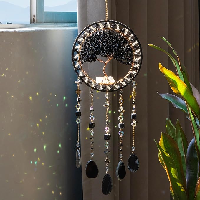 Tree Life Dream Catcher and Sun Catcher, Handmade Healing Crystal Boho Window Hanging for Home Decor, Rainbow Maker Wall Decor, for Women, Housewarming (Black)