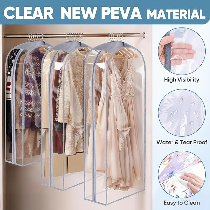 BALEINE 48'' Clear Garment Bags, 10.5'' Wide PEVA Suit Bag for Closet Clothes Dresses Suit Coats Storage (Clear, 9PK)