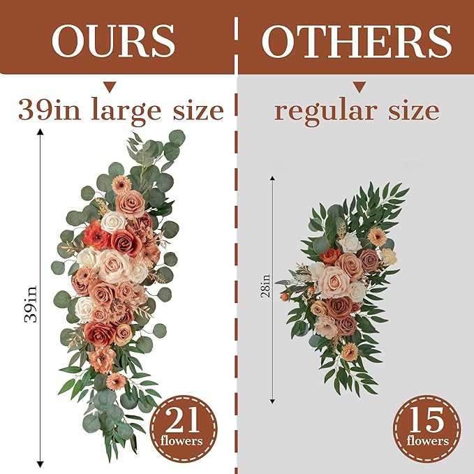 Ting's time Wedding Arch Flowers Pack of 2 Artificial Silk Large Flower Swag Welcome Sign Floral Swag Reception Backdrop Floral Decor for Fall Wedding Party Ceremony (Burnt Orange)