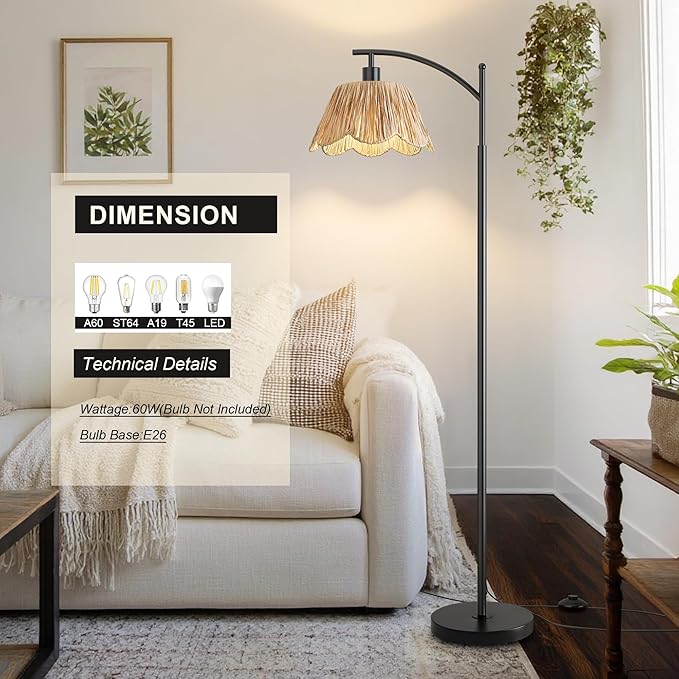 Oneach Boho Rattan Floor Lamp for Living Room, Farmhouse Standing Lamp with Hand-Woven Shade, Black Metal Base & Pole, Foot Switch - Corner Reading Lamp for Bedroom