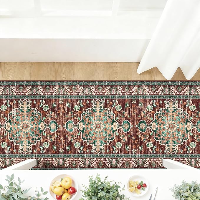 U'Artlines 3' x 14' Boho Hallway Runner Rug, Rust Non Slip Washable Vintage Farmhouse Accent Rug Carpet for Kitchen Entryway Laundry and Living Room (Rust＆Teal)