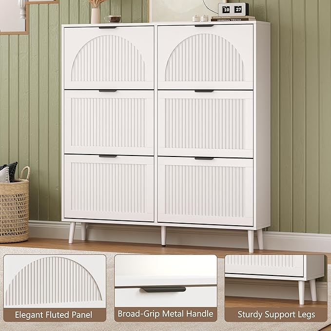 Shoe Cabinet for Entryway with 6 Flip Drawers, Slim Wooden Shoe Storage Organizer with Modern Fluted Pannel，Freestanding Narrow Hidden Shoe Rack for Hallway, Foyer, Living Room