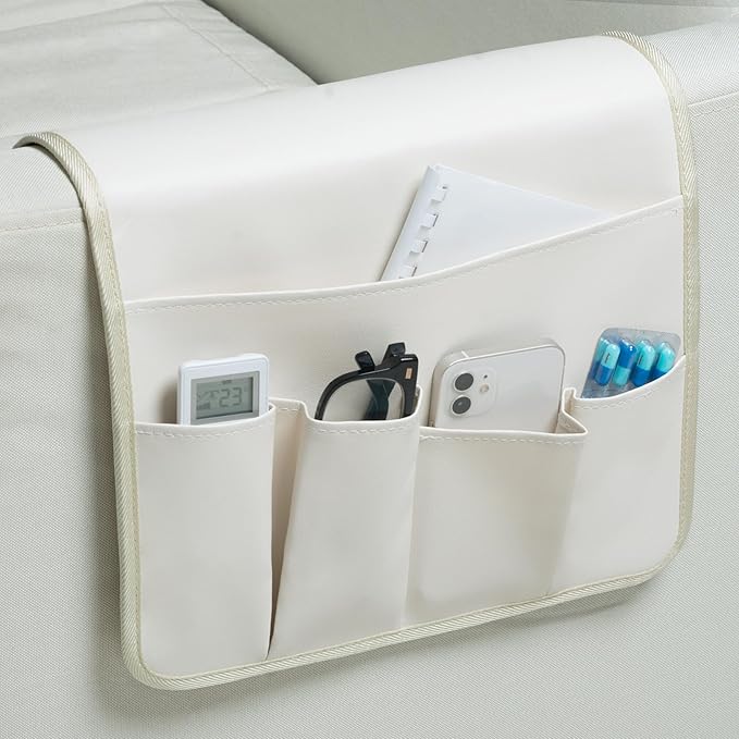 PU Leather Sofa Armrest Organizer, Armchair Magazine Holders, Waterproof Remote Holder for Recliner Couch with 1 Large Pocket, 4 Small Pockets for Magazine, Remote, Phone, Ipad, Books (white)