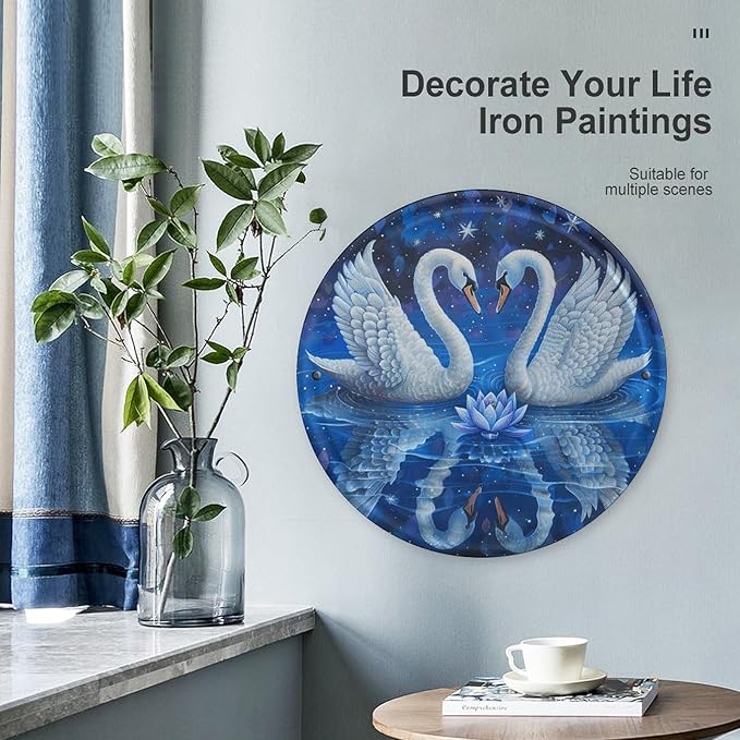 Wall Picture, with Two White Swans Printed Circular Iron Hanging Picture,Wall Art Decor,Home for Bedroom Living Room Bathroom Decor,Iron Painting 11.8X11.8 in