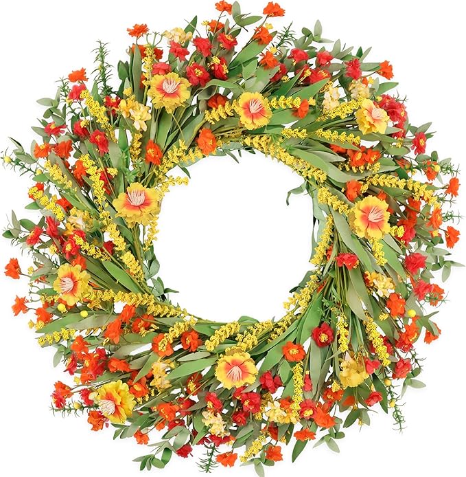 26" Floral Wreath, Artificial Spring Wreaths for Front Door, with Wildflower Portulaca Flowers, Indoor Outdoor Porch Window Wall Home Decor for Valentine’s Day Easter, Summer & Wedding Orange