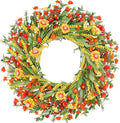 26" Floral Wreath, Artificial Spring Wreaths for Front Door, with Wildflower Portulaca Flowers, Indoor Outdoor Porch Window Wall Home Decor for Valentine’s Day Easter, Summer & Wedding Orange