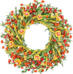 26" Floral Wreath, Artificial Spring Wreaths for Front Door, with Wildflower Portulaca Flowers, Indoor Outdoor Porch Window Wall Home Decor for Valentine’s Day Easter, Summer & Wedding Orange