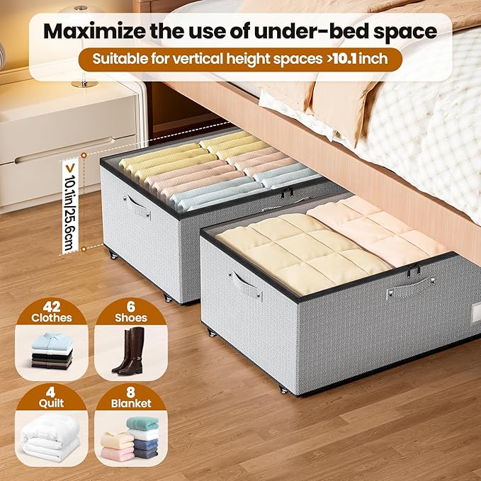 Dayacoco Underbed Storage with Wheels, 2 Pack Under Bed Storage Containers with Clear Lids, No Assembly Required 10.1 inch Rolling Under Bed Storage for Clothes, Grey
