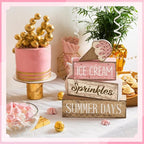 Lineshading 4 Pcs Summer Table Decoration Ice Cream Wooden Sign Pink Brown Rustic Summer Tiered Tray Decor Ice Cream Sprinkles Centerpieces for Home, Dining Room & Coffee Bar Kitchen