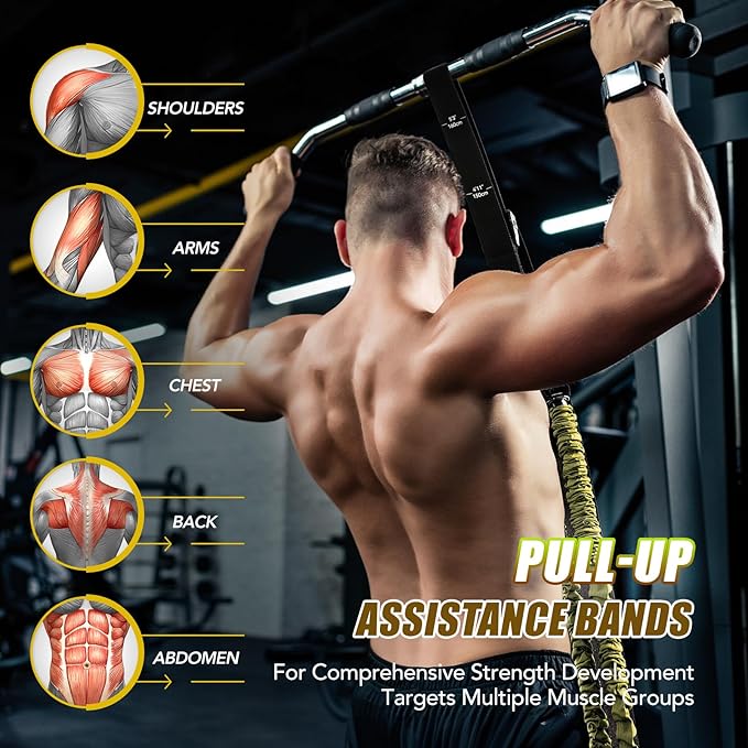 Pull Up Assistance Bands with Foot Support Pedal - Upgraded Heavy Duty Resistance Bands Adjustable Weight/Height with 80Lbs Bands&Measured Strap for Strength Training Home Gym