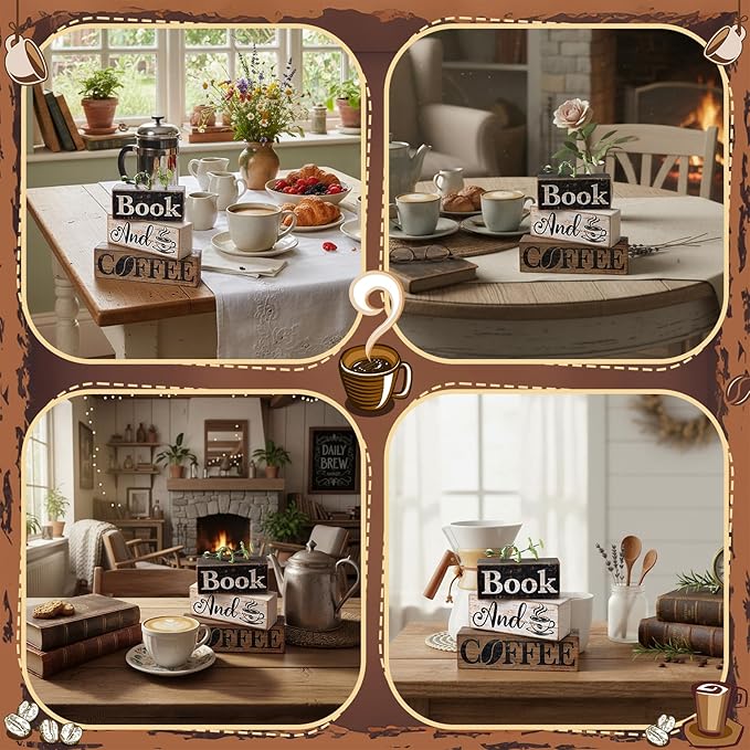 Moucuny 4 Pcs Farmhouse Table Decor Rustic Wooden "book and Coffee" Stacked Block Sign - Vintage Farmhouse Tiered Tray Decor with Coffee Cup & Bean Design, Perfect for Home Office Bookshelf Display