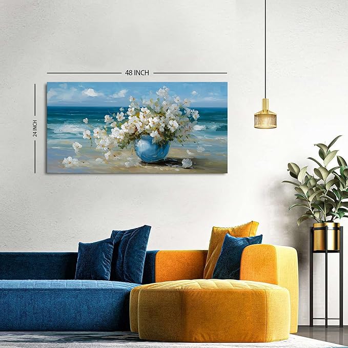 AIYISU Vintage Flowers Canvas Wall Art White Blossom Painting Retro Flowers in Blue Vase Pictures Blue Ocean Coastal Landscape Prints Poster Floral Artwork for Bathroom Bedroom Home Decoration 24x48