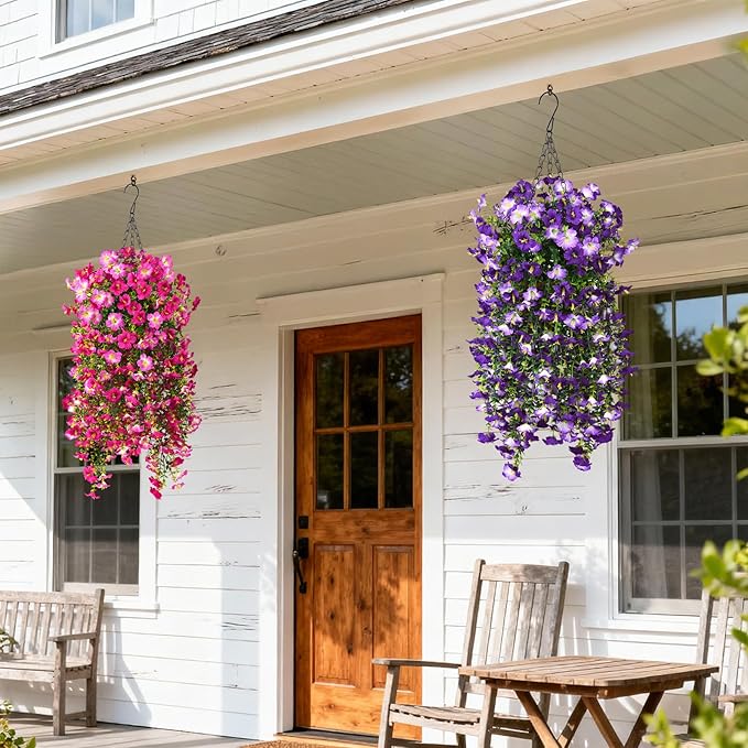 Artificial Hanging Flowers Plants for Outdoor Spring Summer Decoration, 2PCS Faux Silk Morning glory UV Resistant Look Real for Outside Home Indoor Planter Porch Garden Yard Decor(Purple Red Pink)