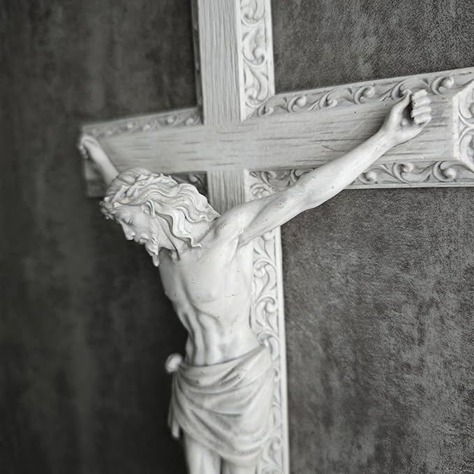 BC Catholic Crucifix Wall Cross, 12" H Jesus Christ Wall Decor for Elegant Modern Home, Devout Gift for Easter, Religious Gifts Home Decor, Grey White Stone Finish, Hand Painted by Buildclassic