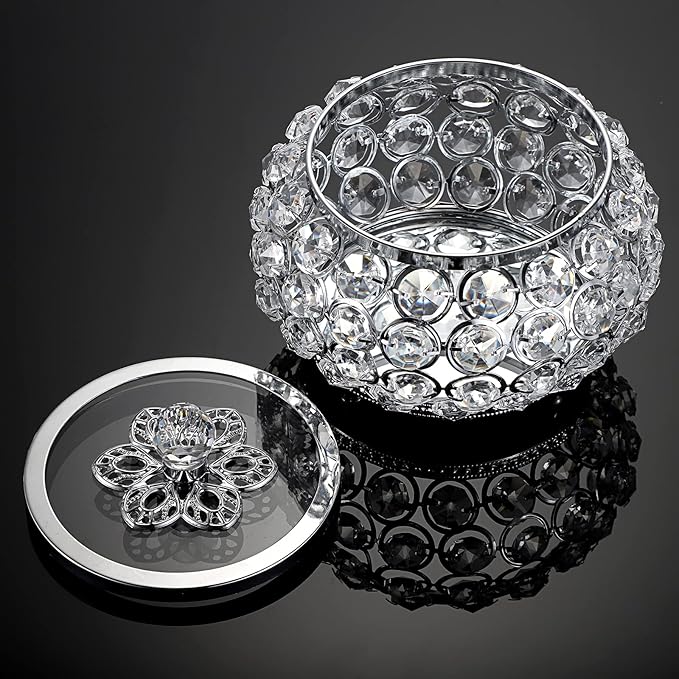 Hipiwe Crystal Jewelry Trinket Box with Glass Lid Silver Mirrored Treasure Box Decorative Jewelry Box Ring Earrings Necklace Storage Keepsake Box Gift for Women