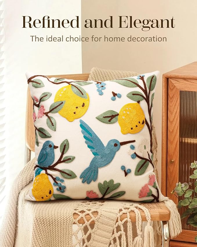 Embroidered Throw Pillow Cover 18x18 Inch - Spring Summer Boho Decorative Pillow Cover with Zipper for Living Room Couch Sofa Bed Aesthetic Design Bird Lemon Cushion Pillowcase
