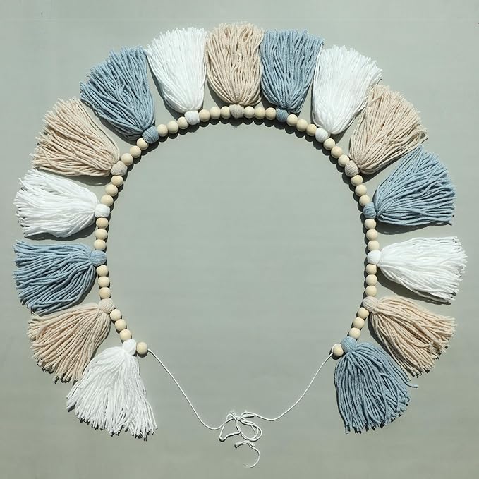 DCJHFJ Boho Blue Tassel Garland Wall Hanging with Wood Beads for Baby Shower Kids Room Bedroom Nursey Back to School Decorations