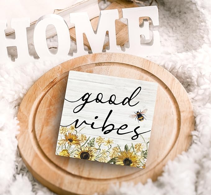 SRADMO Inspirational Bee and Sunflower Decor Wood Box Sign Desk Decor, Summer Rustic Wooden Block Box Sign Decoration For Home Office Shelf Table Decorative Accessories