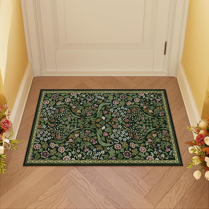 Moynesa Floral Kitchen Rug, 2x3 Washable Rugs Green Non Slip Boho Bathroom Rug, Soft Small Area Rug Indoor Door Mat, Ultra Thin Botanical Throw Rugs for Entryway Bedroom, Green