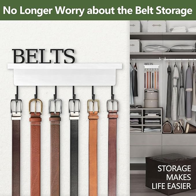 Belt Hanger Organizer for Closet, Wall Mount Belt Rack, Wooden Belt and Tie Organizer for Stores and Displays Mens Accessories (Length 9.8”) White