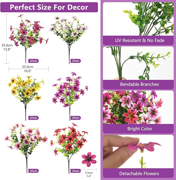 Artificial Fake Flowers for Outdoors 12 Bundles Faux Silk Flower Spring Decoration Artificial Fake Plants Outdoor Plastic Flowers UV Resistant No Fade for Home Planter Porch Patio Yard Decor
