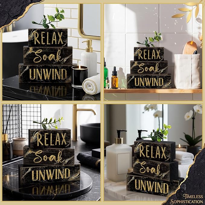 Moucuny 4 Pcs Black and Gold Bathroom Shelf Decor Sign Farmhouse Bathroom Decor and Accessories Rustic Eucalyptus Leaves Block Sign Gift Relax Soak Unwind Farmhouse Table Centerpiece for Home Toilet