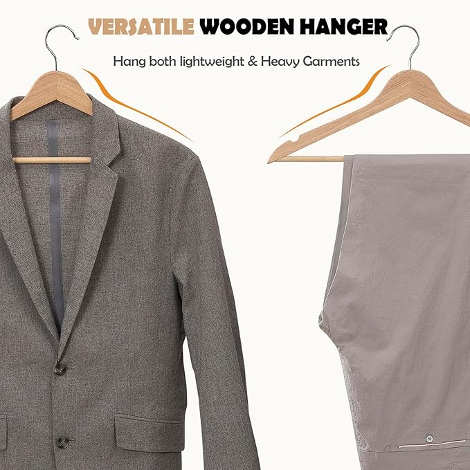 ELONG HOME Solid Wooden Hangers 20 Pack, Wood Suit Hangers with Extra Smooth Finish, Precisely Cut Notches and Chrome Swivel Hook, Clothes Hangers for Shirt Coat Jacket Dress, Natural