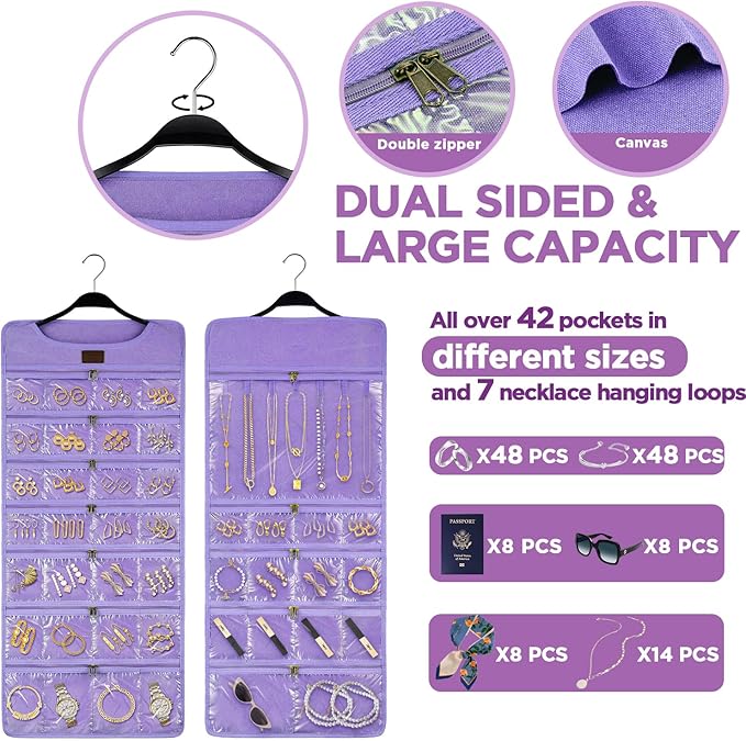 SMRITI Hanging Jewelry Organizer with Dual Zippered Pockets Canvas Double Sided Rotating Hanger Necklace Hanging Wall Organizer Earring Dustproof Holder Wall Mount Accessories Display Bag(Purple)