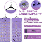 SMRITI Hanging Jewelry Organizer with Dual Zippered Pockets Canvas Double Sided Rotating Hanger Necklace Hanging Wall Organizer Earring Dustproof Holder Wall Mount Accessories Display Bag(Purple)