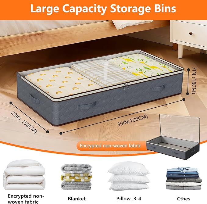 90L Under Bed Storage Containers,4-Pack Closet Organizers and Storage Bins,for Organization and Storage Clothes, Shoes, Blankets & Pillows,Visible Transparent Top Storage Bins with Lids, Grey