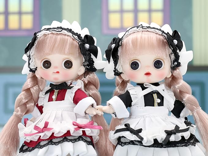 OB11 BJD Dolls, 2Pcs 12 Points Articulated Anime Action Figures with Interchangeable Heads & Removable Lolita Clothes, Cute Collectible Small Doll for Girls, Surprise Birthday Gift
