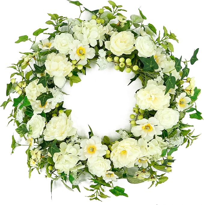 WreathDream Artificial Spring Wreaths for Front Door 22 inch Peony Wreath Summer Wreath with Peony Flower,Hydrangeas, Daisy for Front Door Indoor Outdoor Wedding Home Wall Window Festival Decoration