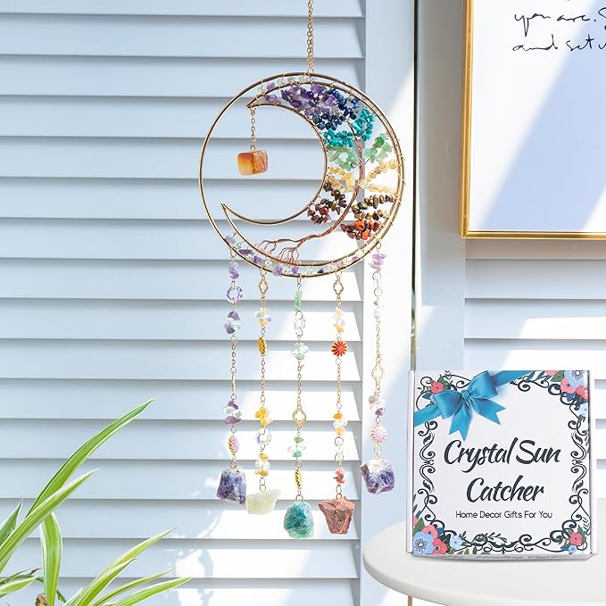 Crystal Dream Catchers Tree of Life Dream Catcher Wall Decor with Healing Crystal Stone & Fluorite Dream Catcher Crystals for Windows for Bedroom Home Decor Wedding Garden-Colorful