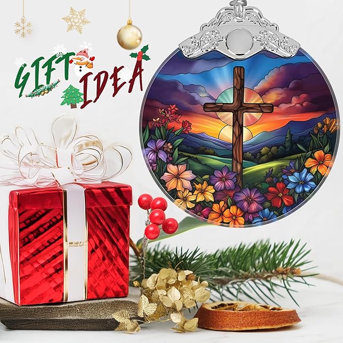 Cross Spring Flower Stained Glass Orament - Christmas Ornament - Christmas Decorations for Tree - Holiday Present ldeas - Gift Exchange