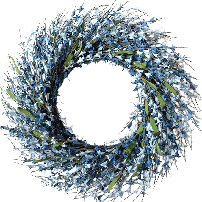 26 Inch Spring Wreaths for Front Door, Large Artificial Forsythia Flowers Wreath, Spring Summer Floral Wreath All Season for Home, Wall, Window, Porch, Wedding, Farmhouse Decor (Blue)
