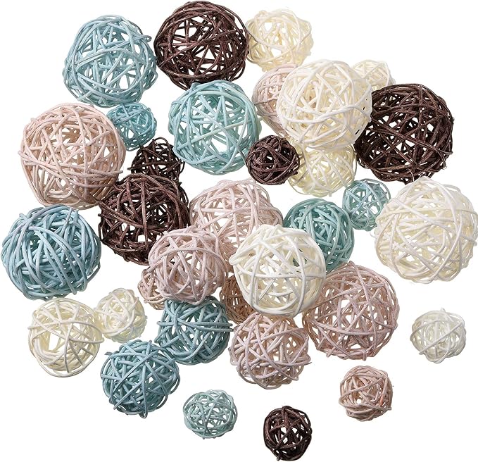 Patelai 36 Pcs Wicker Rattan Balls Decorative Balls for Vase Centerpiece Bowls Orbs Filler for Home Decor,4 Sizes(Blue, Light Brown, Dark Brown, White,2.4'',2'',1.6'',1.2'')