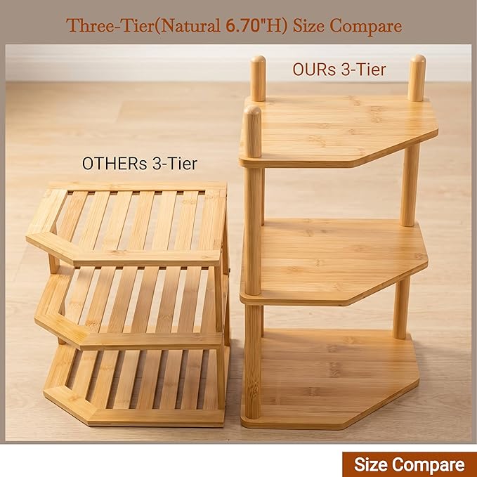 3-Tier Expandable Bamboo Corner Shelf - Dish/Plate Organizer for Cabinet, Kitchen Counter Shelf & Small Kitchen Shelf, Adjustable (White, 1-Pc 6.70" H)