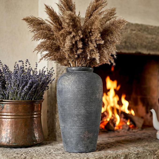 Rustic Distressed Ceramic Threaded Vase, 11"H Handmade Wabi Sabi Decor Vase (Deep Charcoal with Light Gray Weathering and Wheat Beige Patches) for Living Room Table Centerpieces, Entryway & Fireplace