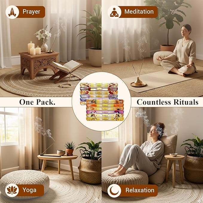 Tulasi Incense Sticks Pack of 12 Natural Scent (240 Sticks) Variety Fragrance of Coconut, White Sage, Red Rose, Palo Santo Lavender & Cinnamon etc, Ideal for Meditation & Positive Vibes