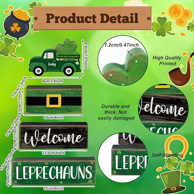Lineshading 4 Pcs St Patricks Day Table Decor Leprechaun Wooden Stacked Blocks with Lucky Green Truck St. Patrick's Day Tiered Tray Decor Welcome Leprechauns Irish Centerpieces for Home Kitchen